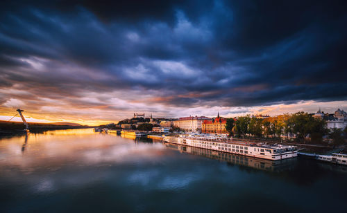 View of bridge over river against cloudy sky