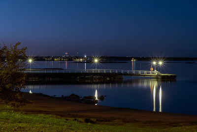 A tranquil view of a pier and city lights in the distance casting reflection on the calm sea.