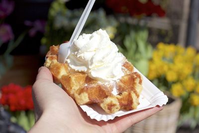 Cropped hand of person holding belgian waffle