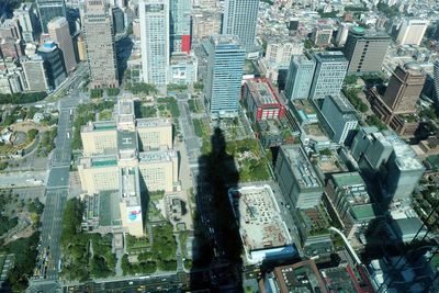 High angle view of modern buildings in city