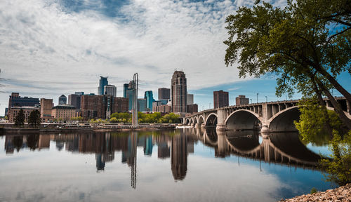 Minneapolis skyline reflected in the mississippi river. 