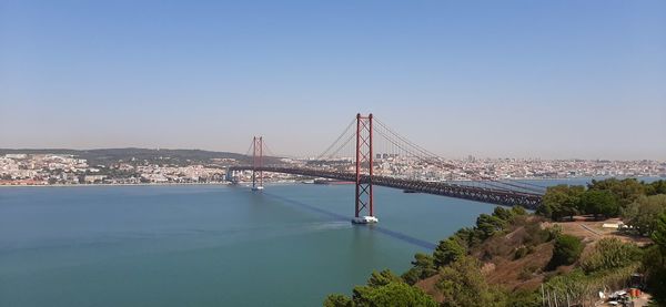 View of suspension bridge in city