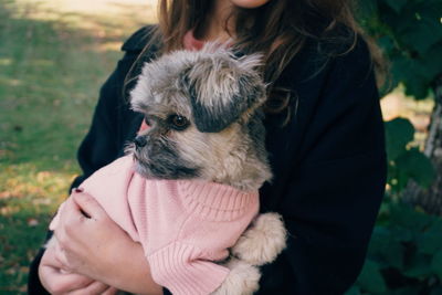 Midsection of woman holding small dog
