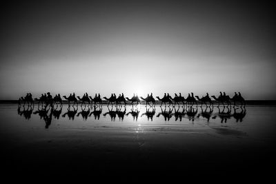 Group of silhouette camels walking by lake against sky