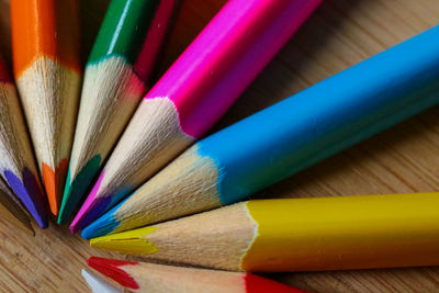 Close-up of multi colored pencils on table