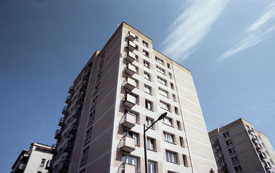 Low angle view of buildings against clear blue sky