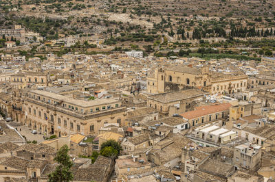 Aerial landscape of scicli with beautiful historic buildings in the baroque style