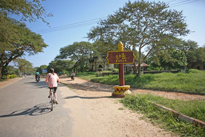 Rear view of man riding bicycle on road