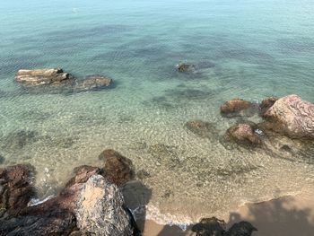 High angle view of rocks on beach