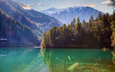 Scenic view of lake and mountains against sky