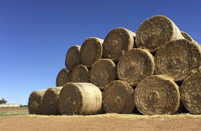 Hay bales on field against clear blue sky