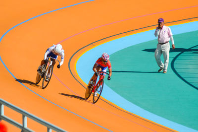 High angle view of people on bicycle