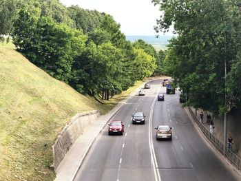 High angle view of vehicles on road amidst trees