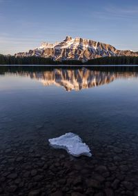 Scenic reflection of rocky mountain in lake