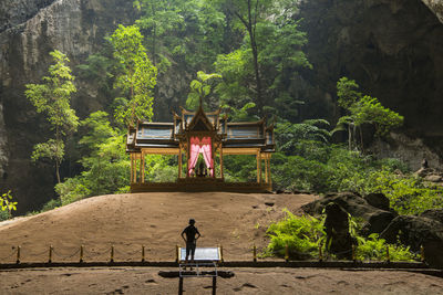 Rear view of people on cross in forest