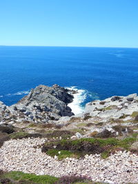 Scenic view of sea seen from cliff against sky