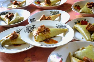 High angle view of food served on table