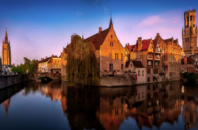 Reflection of buildings on river in city