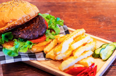 Close-up of food served on table