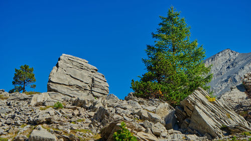 Low angle view of rocks against blue sky