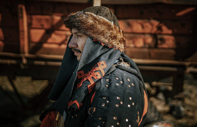 Close-up of man in winter outdoors