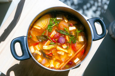 High angle view of soup in bowl on table