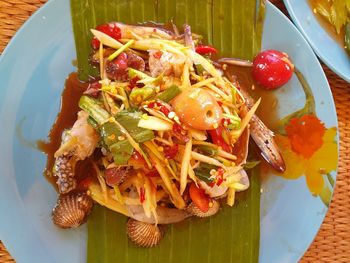 High angle view of food served in plate