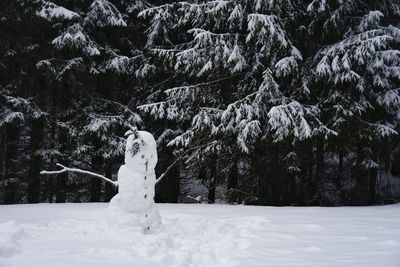 Snowman on field against trees