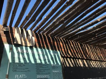 Low angle view of text on roof of building