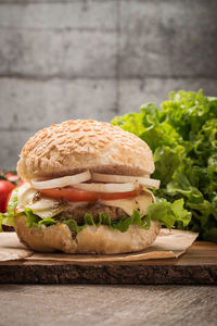Close-up of burger on table