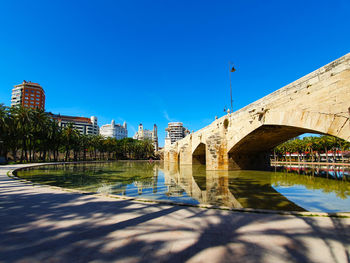 Bridge over river in city against clear blue sky