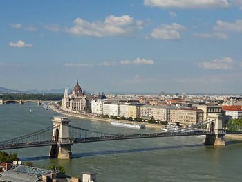 Bridge over river with city in background