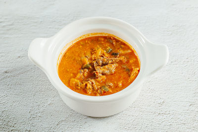 High angle view of soup in bowl on table