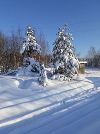 Snow covered field against clear sky