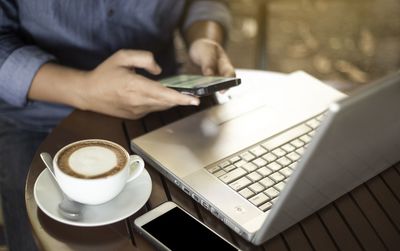 High angle view of coffee cup on table