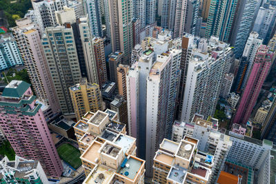 High angle view of modern buildings in city