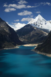 Scenic view of lake and mountains against sky 