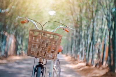 Close-up of bicycle in basket on road