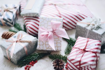 High angle view of christmas decoration on table