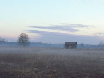 Scenic view of field against sky during foggy weather