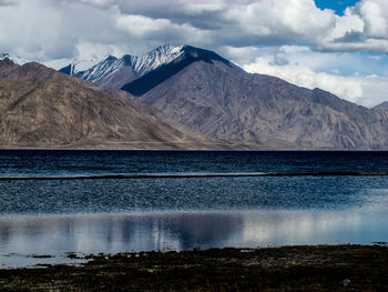 Scenic view of lake by mountains against sky