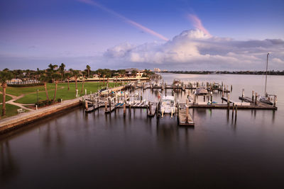 Panoramic view of harbor against sky