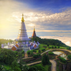 High angle view of temple building against cloudy sky