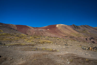 Scenic view of mountains against clear blue sky