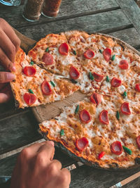 High angle view of pizza on table