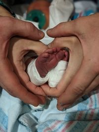 Midsection of mother holding baby hands