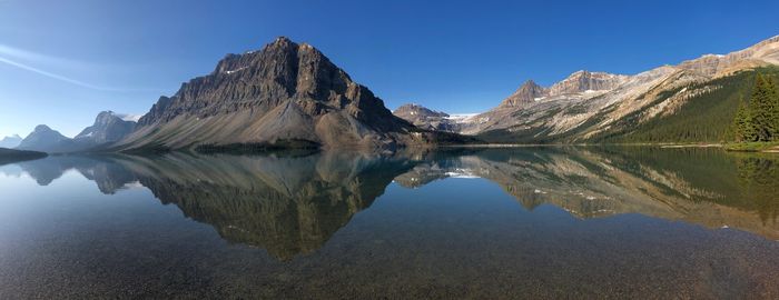 Scenic view of lake and mountains against clear blue sky