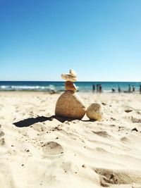 Rocks on beach against clear sky
