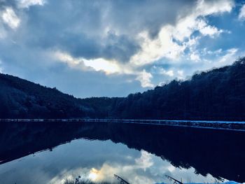 Scenic view of lake and mountains against sky