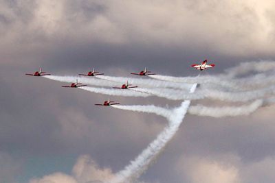 Low angle view of fighter planes flying against sky